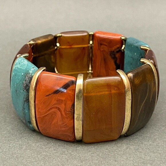 Green Brown Orange Gold-tone Women's Fashion Stretch Bracelet NWOT - Picture 3 of 5